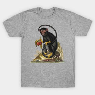 Longtailed black ape with yellow hands and feet, holding two plums. T-Shirt